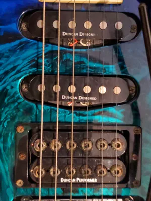 An up-close look at the three pickups on Steve's Jackson DK1, with two Duncan Designed single row pickups and a Duncan Performer Detonator in the double row spot by the bridge.